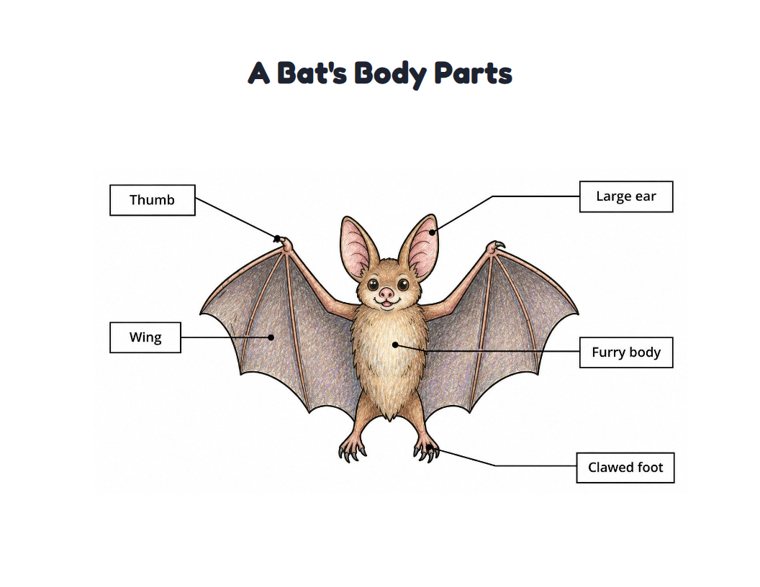 A Bat's Body Parts worksheet (Medium, Grades 1–2)