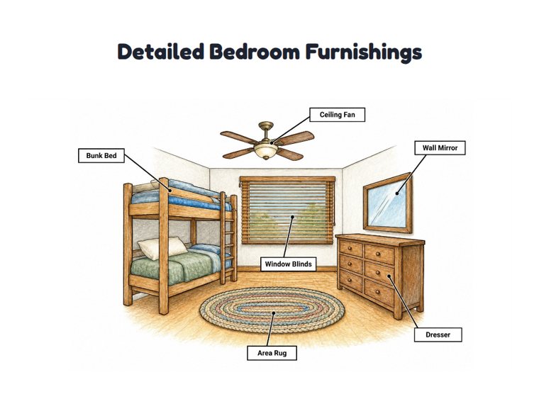Detailed Bedroom Furnishings worksheet (Hard, Grades 3–4)