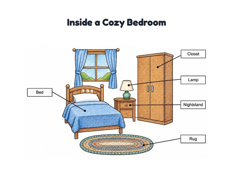 Inside a Cozy Bedroom worksheet (Medium, Grades 1–2)
