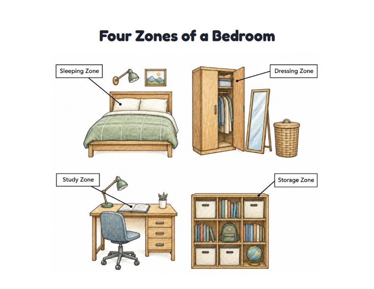 Four Zones of a Bedroom worksheet (Hard, Grades 3–4)