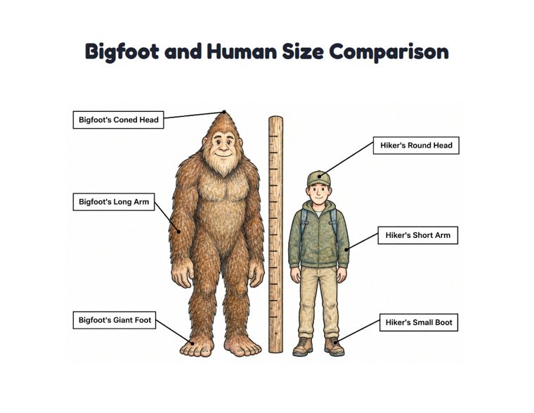 Bigfoot and Human Size Comparison worksheet (Hard, Grades 3–4)
