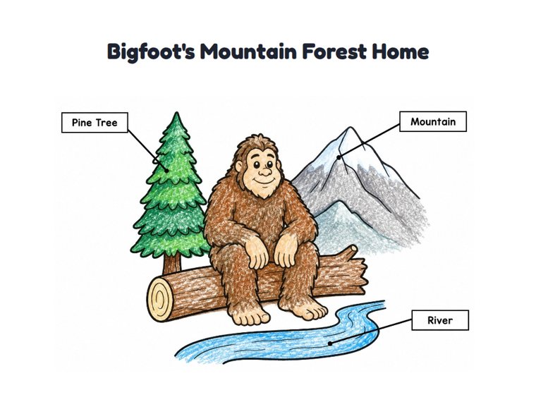 Bigfoot's Mountain Forest Home worksheet (Easy, Pre-K–K)