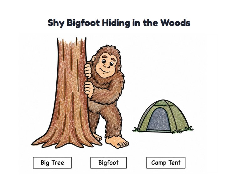 Shy Bigfoot Hiding in the Woods worksheet (Easy, Pre-K–K)