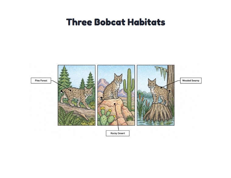 Three Bobcat Habitats worksheet (Medium, Grades 1–2)