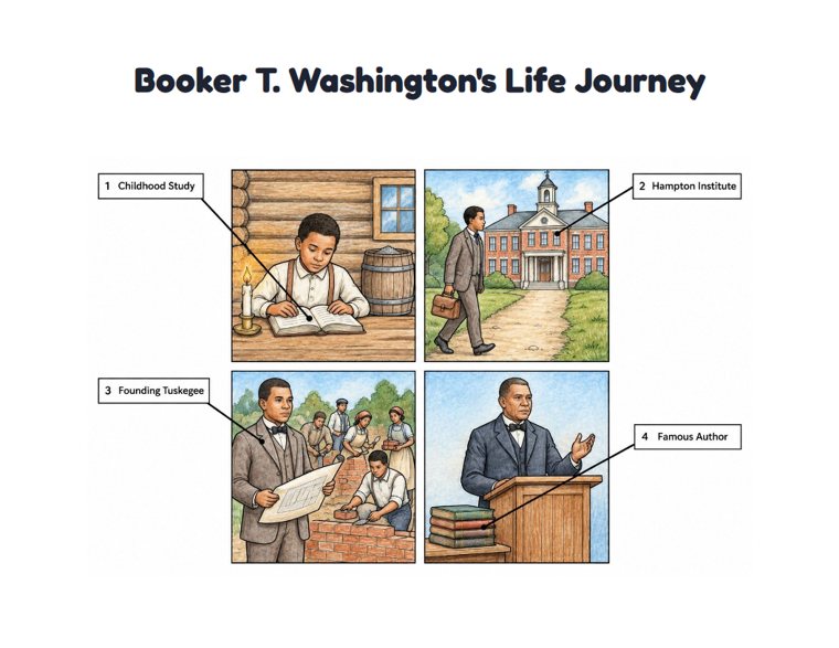 Booker T. Washington's Life Journey worksheet (Hard, Grades 3–4)
