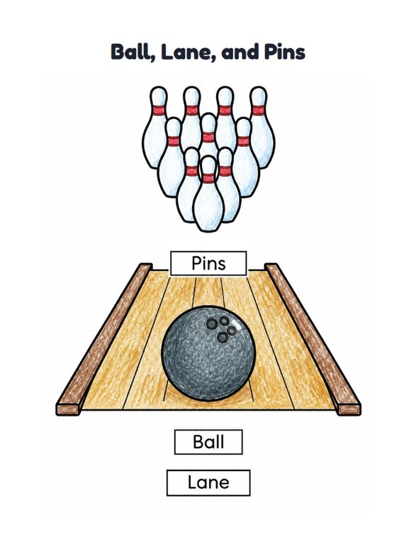 Ball, Lane, and Pins worksheet (Easy, Pre-K–K)