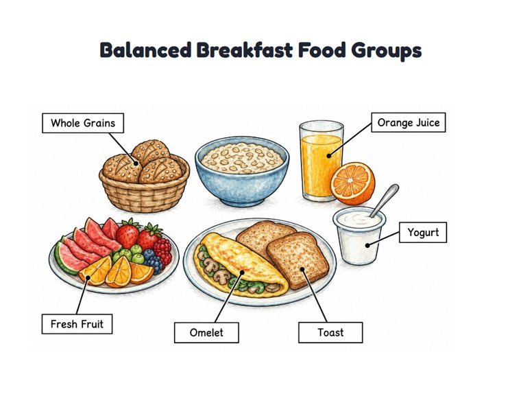 Balanced Breakfast Food Groups worksheet (Hard, Grades 3–4)