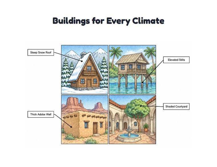 Buildings for Every Climate worksheet (Hard, Grades 3–4)