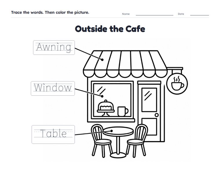 Outside the Cafe worksheet (Easy, Pre-K–K)