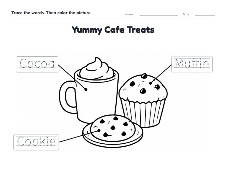 Yummy Cafe Treats worksheet (Easy, Pre-K–K)