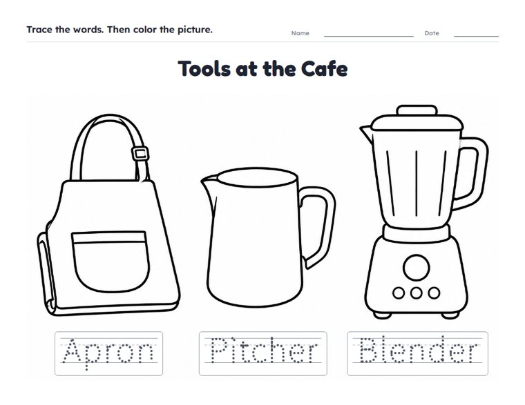 Tools at the Cafe worksheet (Easy, Pre-K–K)