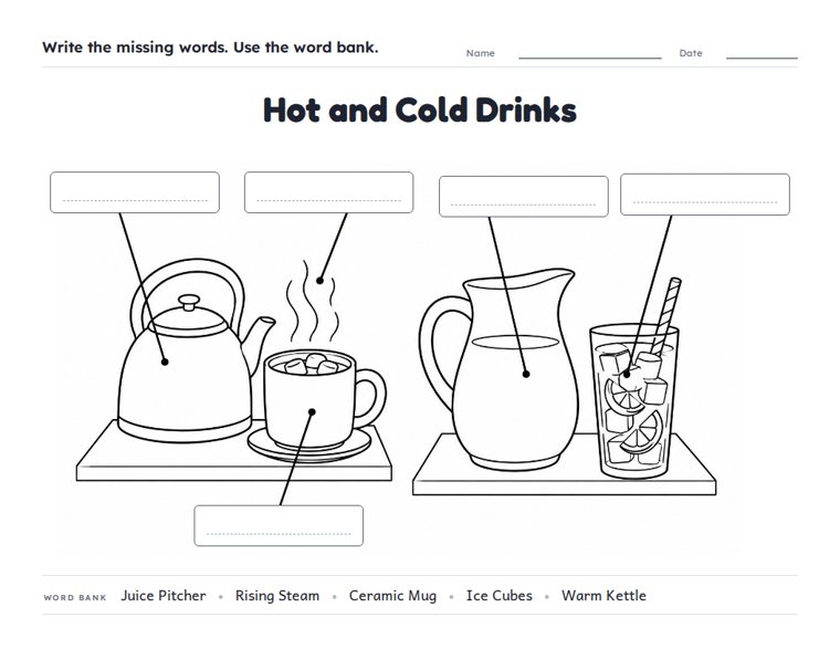 Hot and Cold Drinks worksheet (Medium, Grades 1–2)