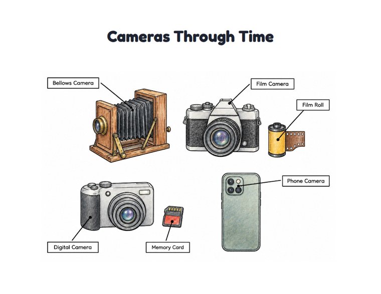 Cameras Through Time worksheet (Hard, Grades 3–4)