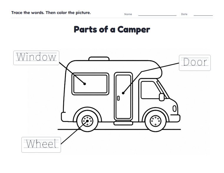 Parts of a Camper worksheet (Easy, Pre-K–K)