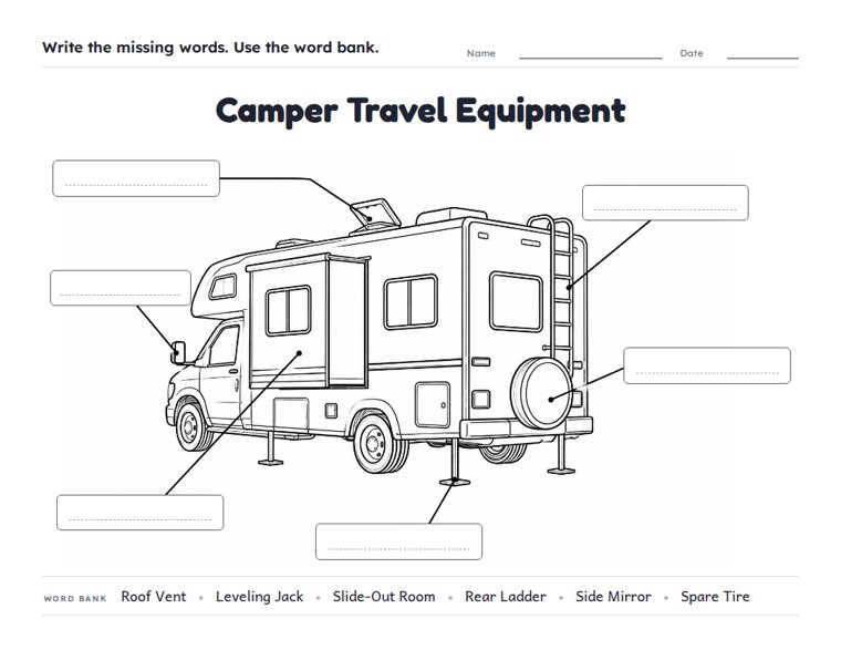 Camper Travel Equipment worksheet (Hard, Grades 3–4)