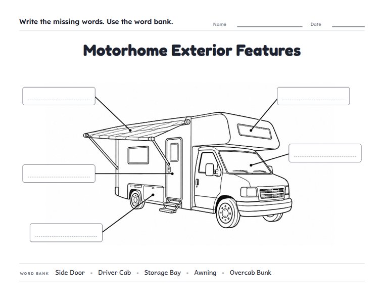 Motorhome Exterior Features worksheet (Medium, Grades 1–2)