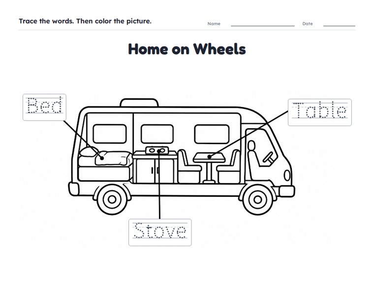 Home on Wheels worksheet (Easy, Pre-K–K)
