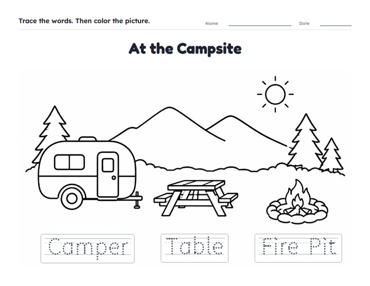 At the Campsite worksheet (Easy, Pre-K–K)