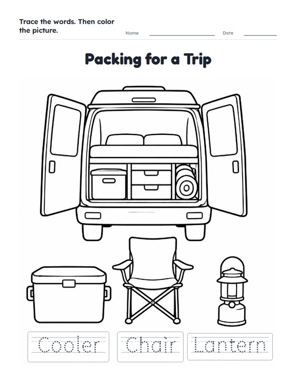 Packing for a Trip worksheet (Easy, Pre-K–K)