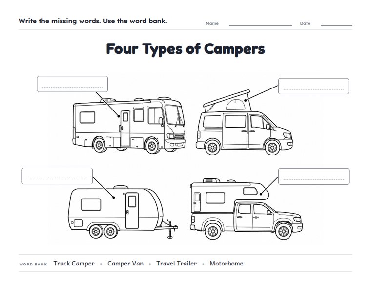 Four Types of Campers worksheet (Medium, Grades 1–2)