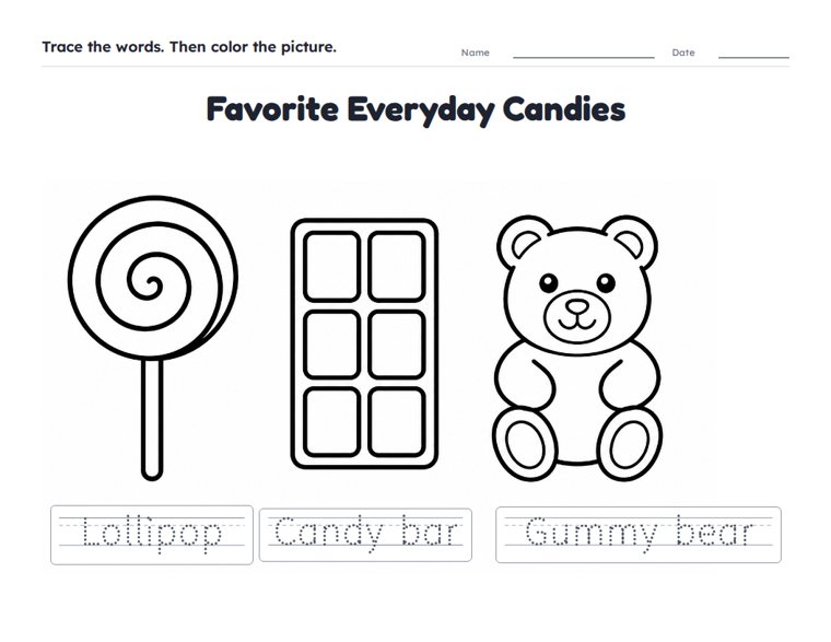 Favorite Everyday Candies worksheet (Easy, Pre-K–K)
