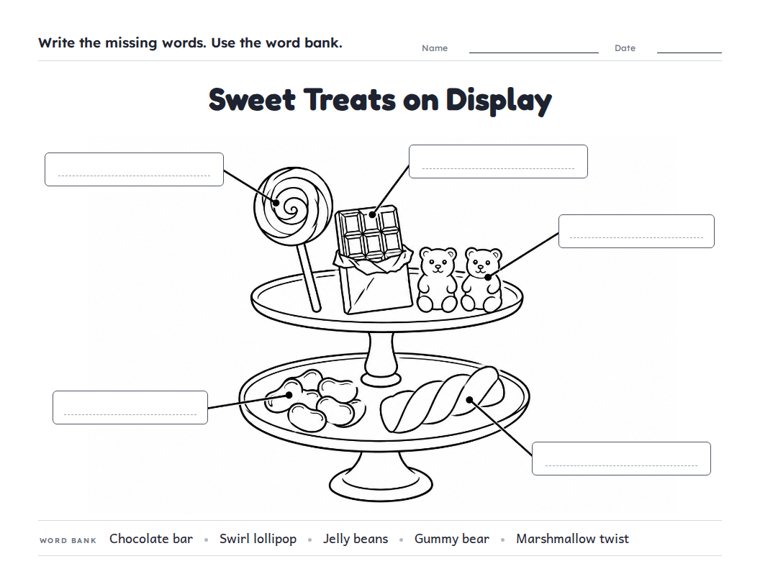 Sweet Treats on Display worksheet (Medium, Grades 1–2)