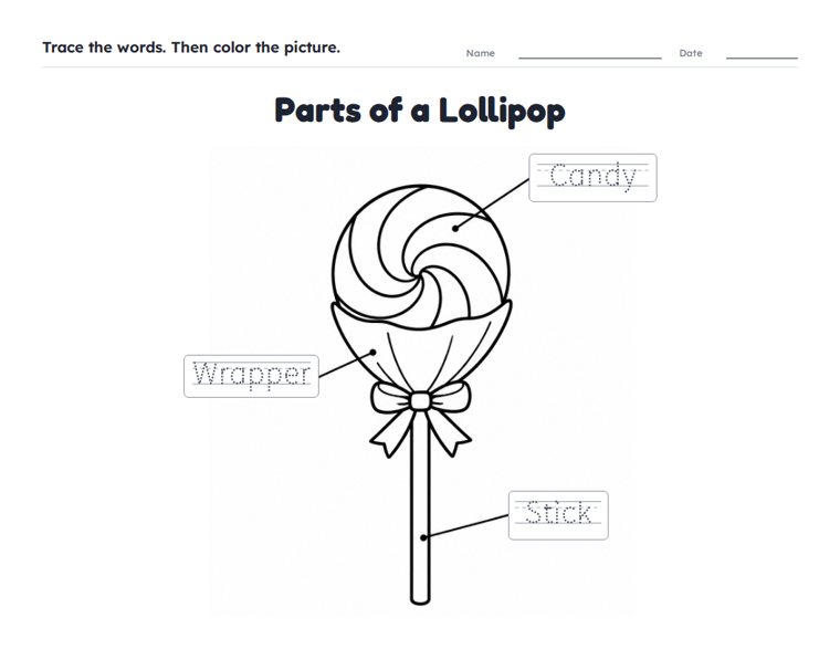 Parts of a Lollipop worksheet (Easy, Pre-K–K)