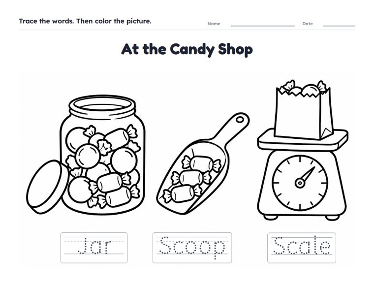 At the Candy Shop worksheet (Easy, Pre-K–K)