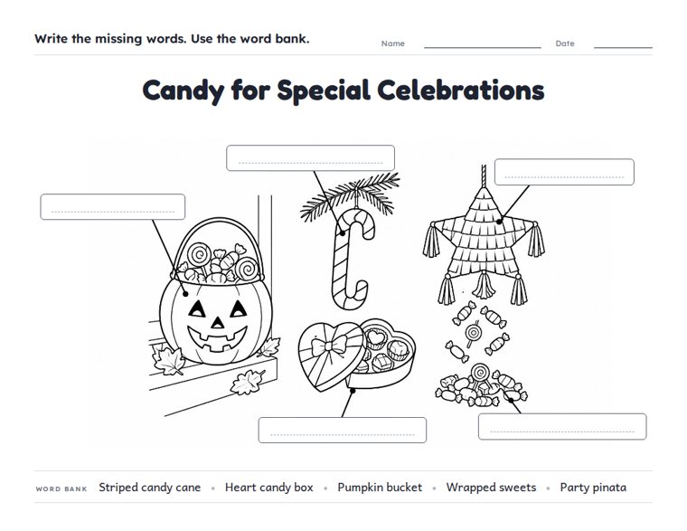 Candy for Special Celebrations worksheet (Medium, Grades 1–2)