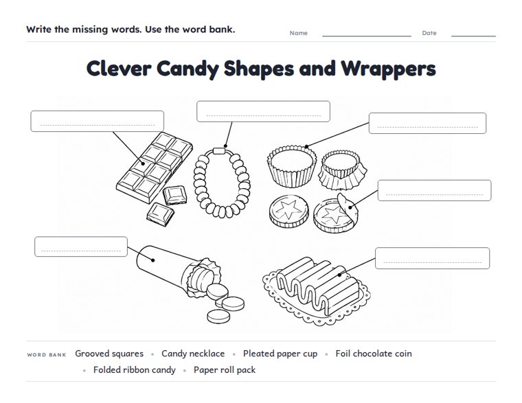 Clever Candy Shapes and Wrappers worksheet (Hard, Grades 3–4)