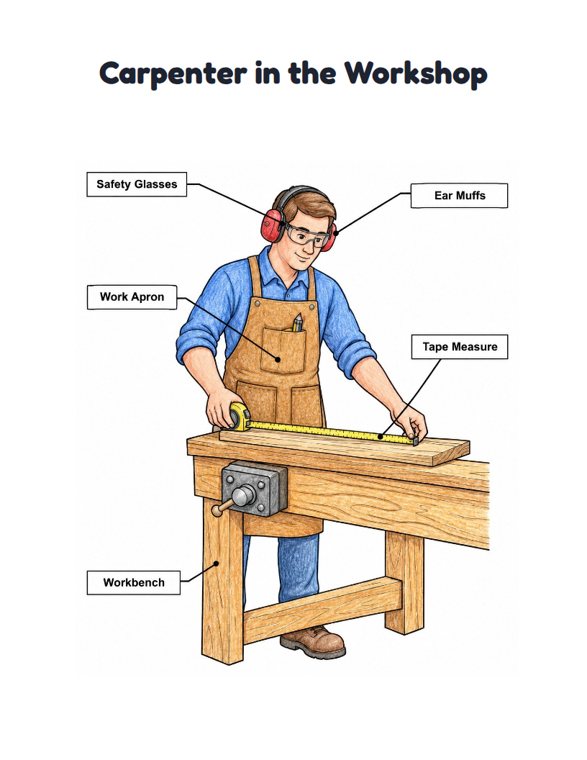 Carpenter in the Workshop worksheet (Medium, Grades 1–2)