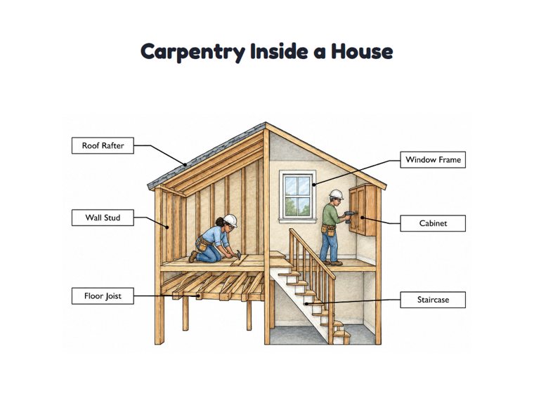 Carpentry Inside a House worksheet (Hard, Grades 3–4)