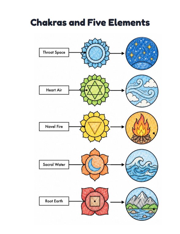 Chakras and Five Elements worksheet (Medium, Grades 1–2)