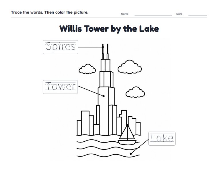Willis Tower by the Lake worksheet (Easy, Pre-K–K)