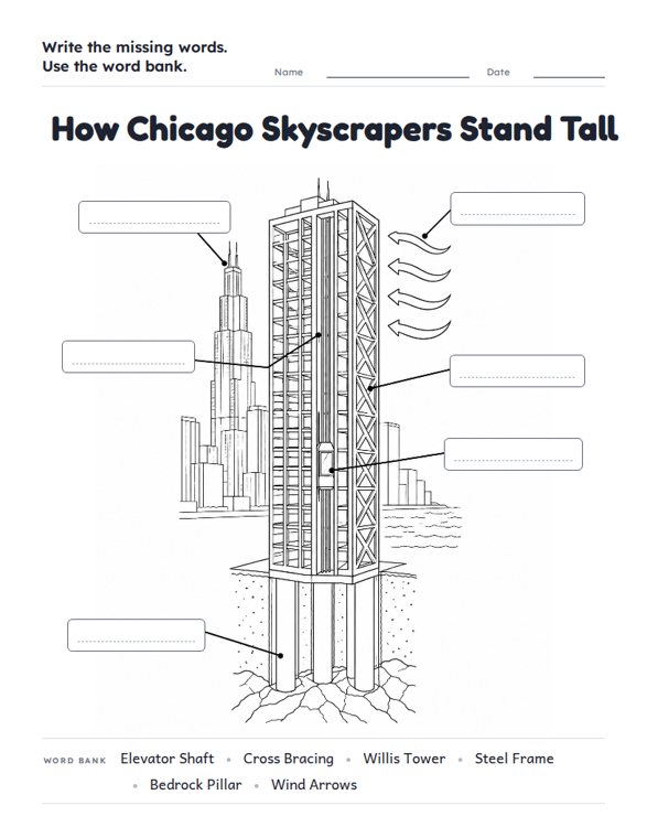 How Chicago Skyscrapers Stand Tall worksheet (Hard, Grades 3–4)