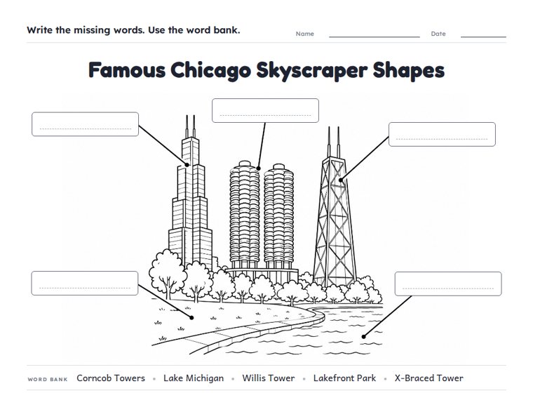 Famous Chicago Skyscraper Shapes worksheet (Medium, Grades 1–2)