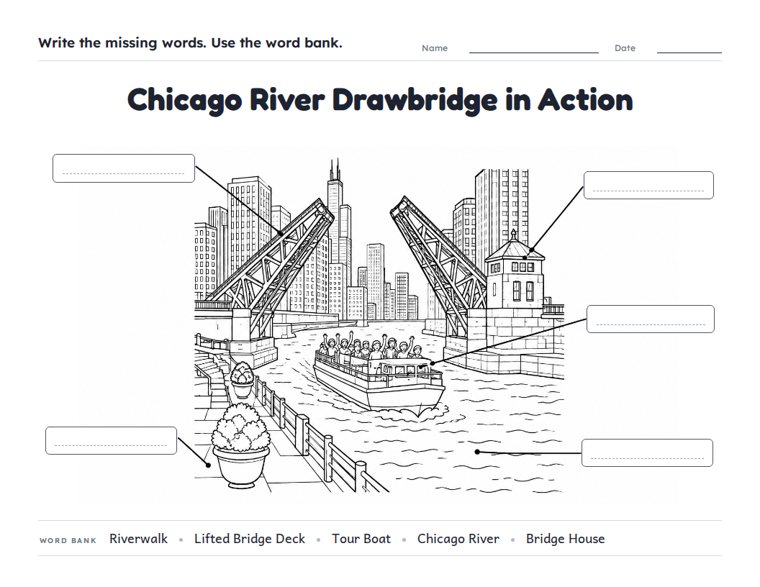 Chicago River Drawbridge in Action worksheet (Medium, Grades 1–2)