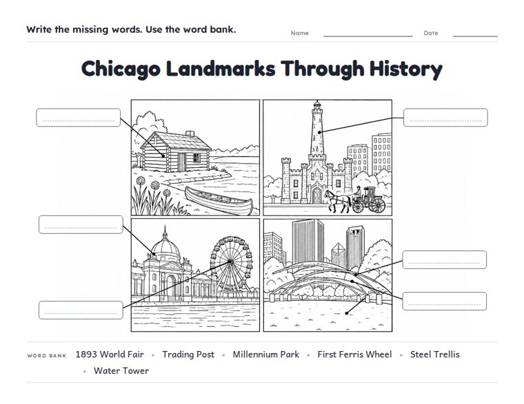 Chicago Landmarks Through History worksheet (Hard, Grades 3–4)