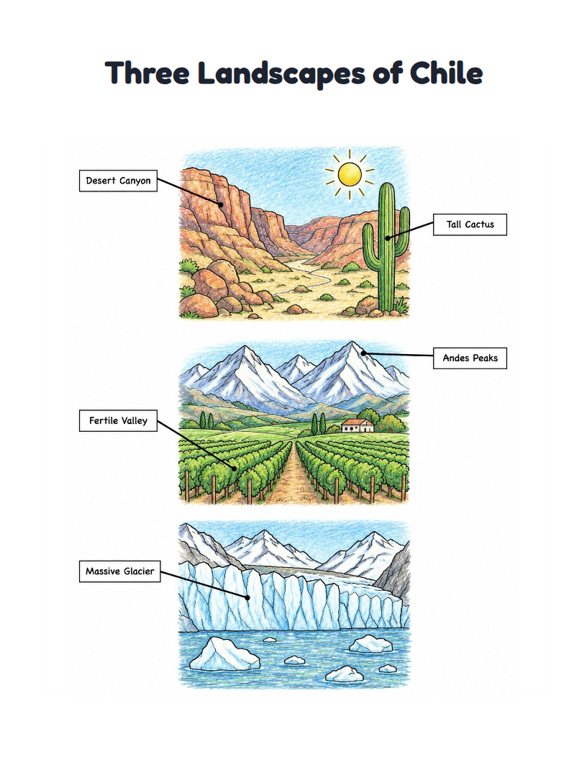 Three Landscapes of Chile worksheet (Medium, Grades 1–2)