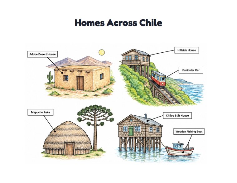 Homes Across Chile worksheet (Hard, Grades 3–4)