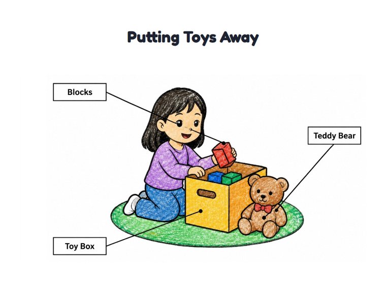 Putting Toys Away worksheet (Easy, Pre-K–K)