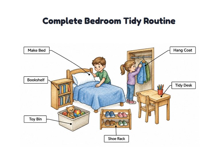 Complete Bedroom Tidy Routine worksheet (Hard, Grades 3–4)