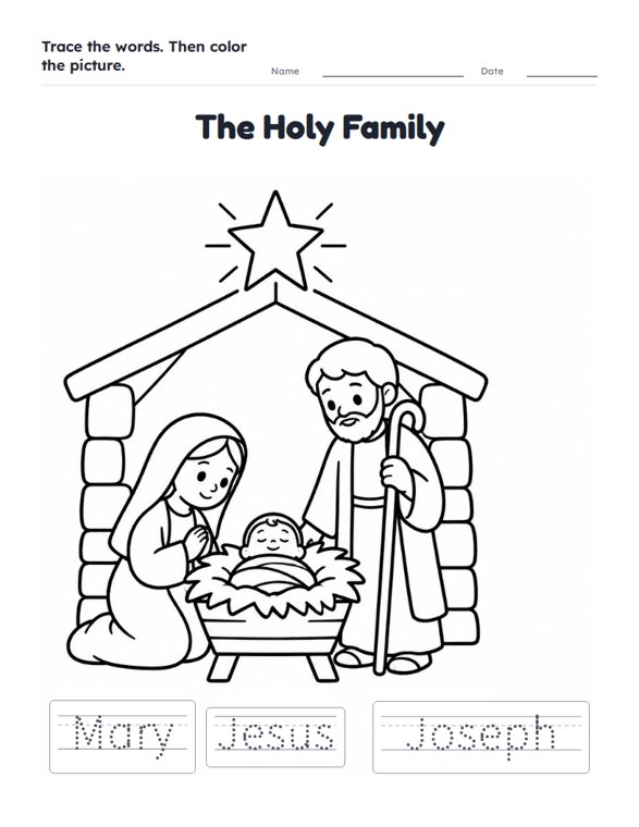 The Holy Family worksheet (Easy, Pre-K–K)
