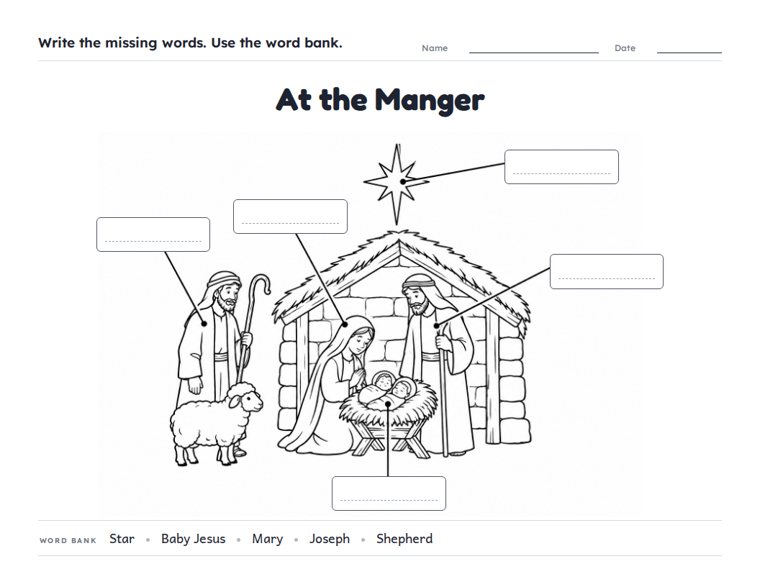 At the Manger worksheet (Medium, Grades 1–2)