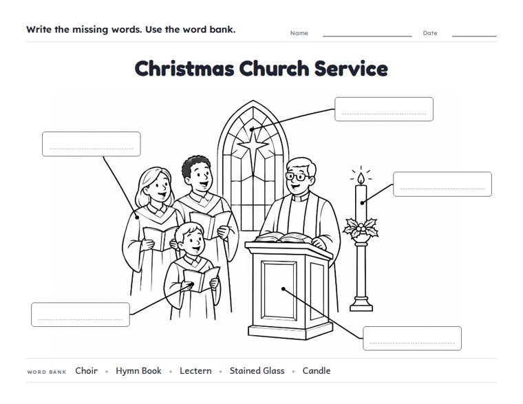 Christmas Church Service worksheet (Medium, Grades 1–2)