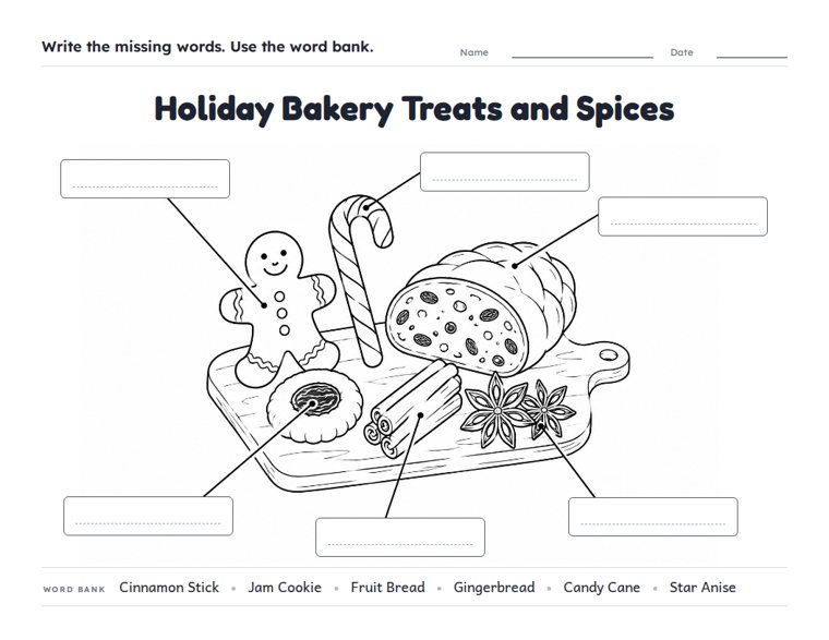 Holiday Bakery Treats and Spices worksheet (Hard, Grades 3–4)