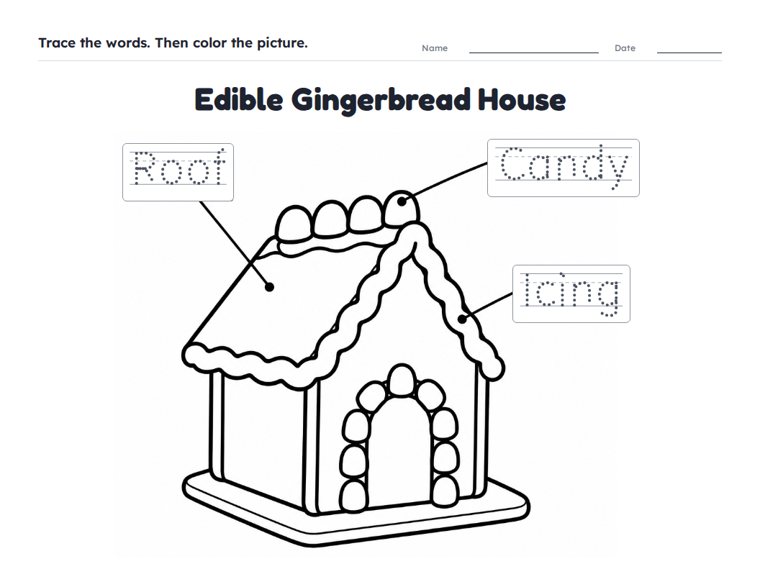 Edible Gingerbread House worksheet (Easy, Pre-K–K)