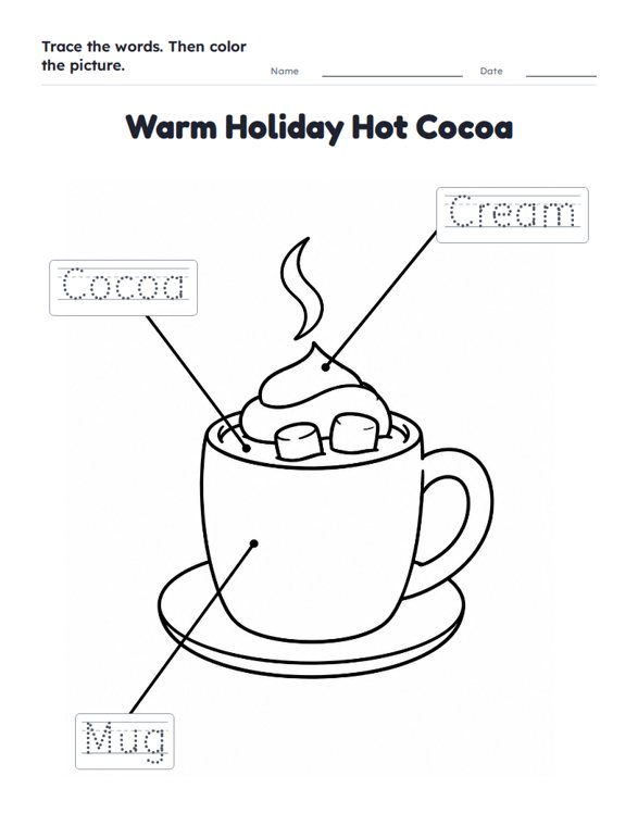 Warm Holiday Hot Cocoa worksheet (Easy, Pre-K–K)