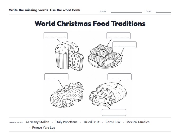 World Christmas Food Traditions worksheet (Hard, Grades 3–4)