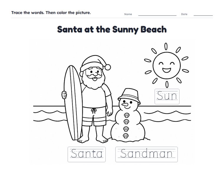 Santa at the Sunny Beach worksheet (Easy, Pre-K–K)